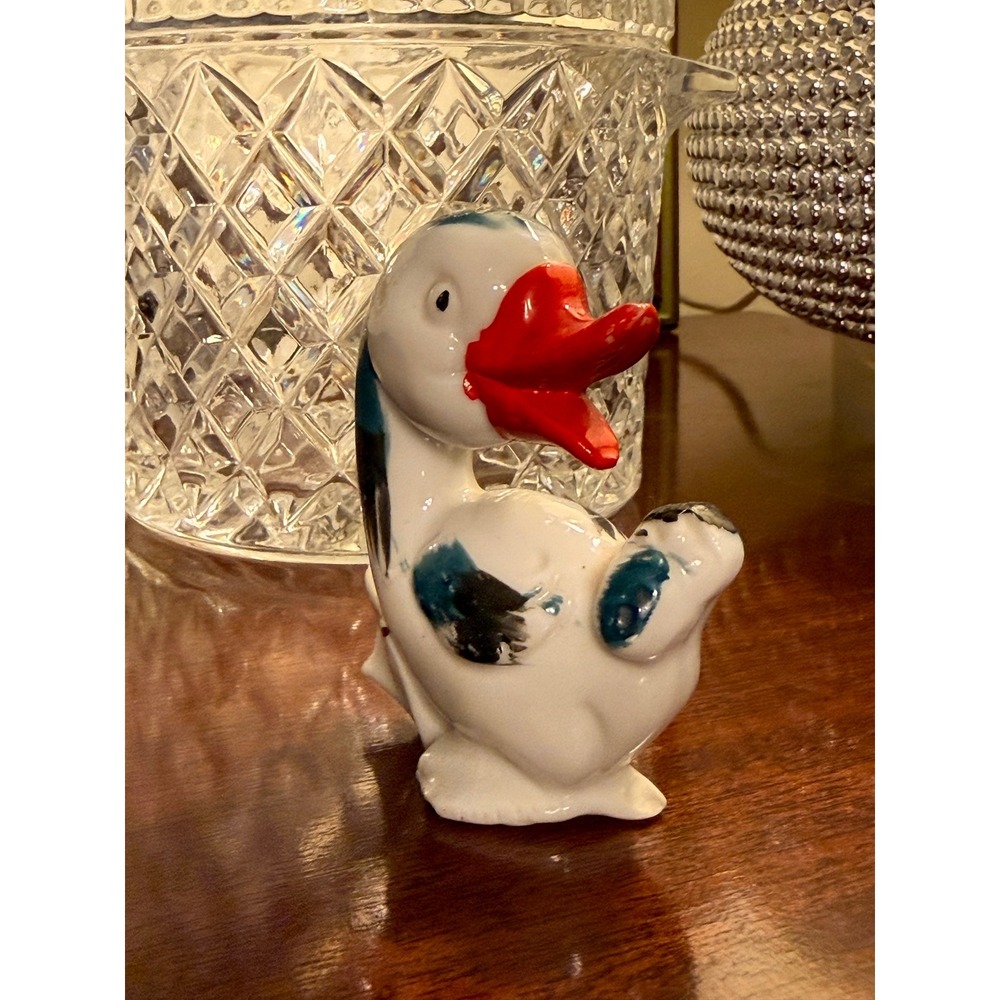 1950's Duck Figurine White Fair Vintage Japan Ceramic Hand Painted